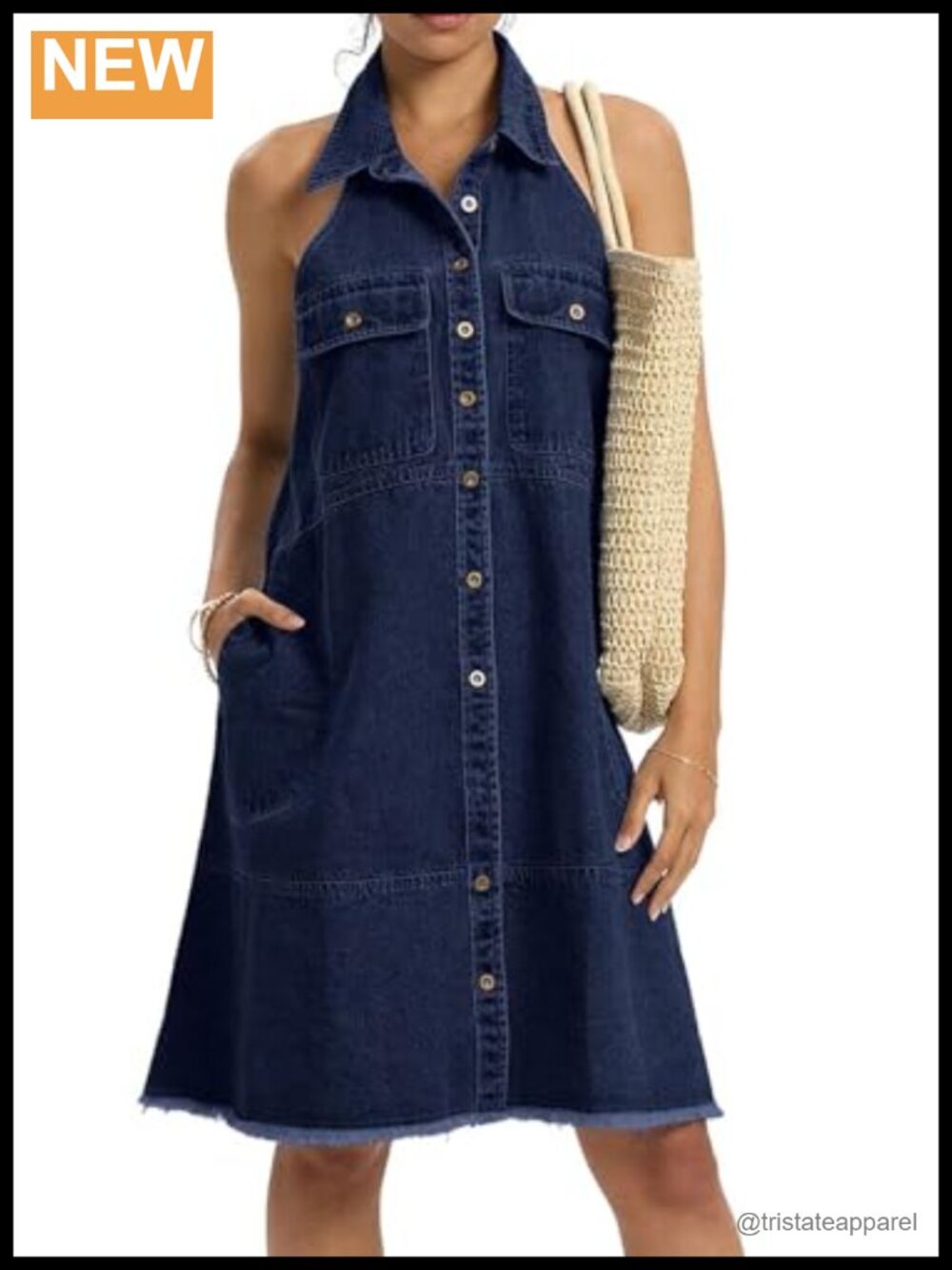 Sleeveless Denim Halter Dress Button Down A Line Shift